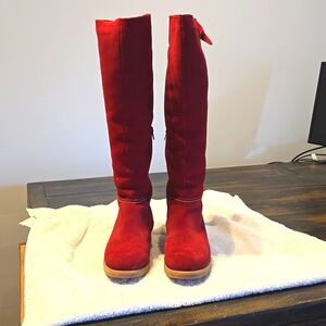 Knee high red fleece lined winter boots